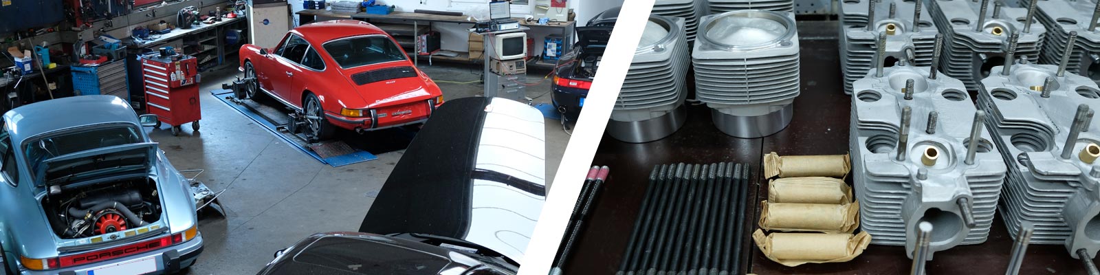 Banner zeigt Ausschnitte einiger Porsche in der Werkstatt und Ersatzteile